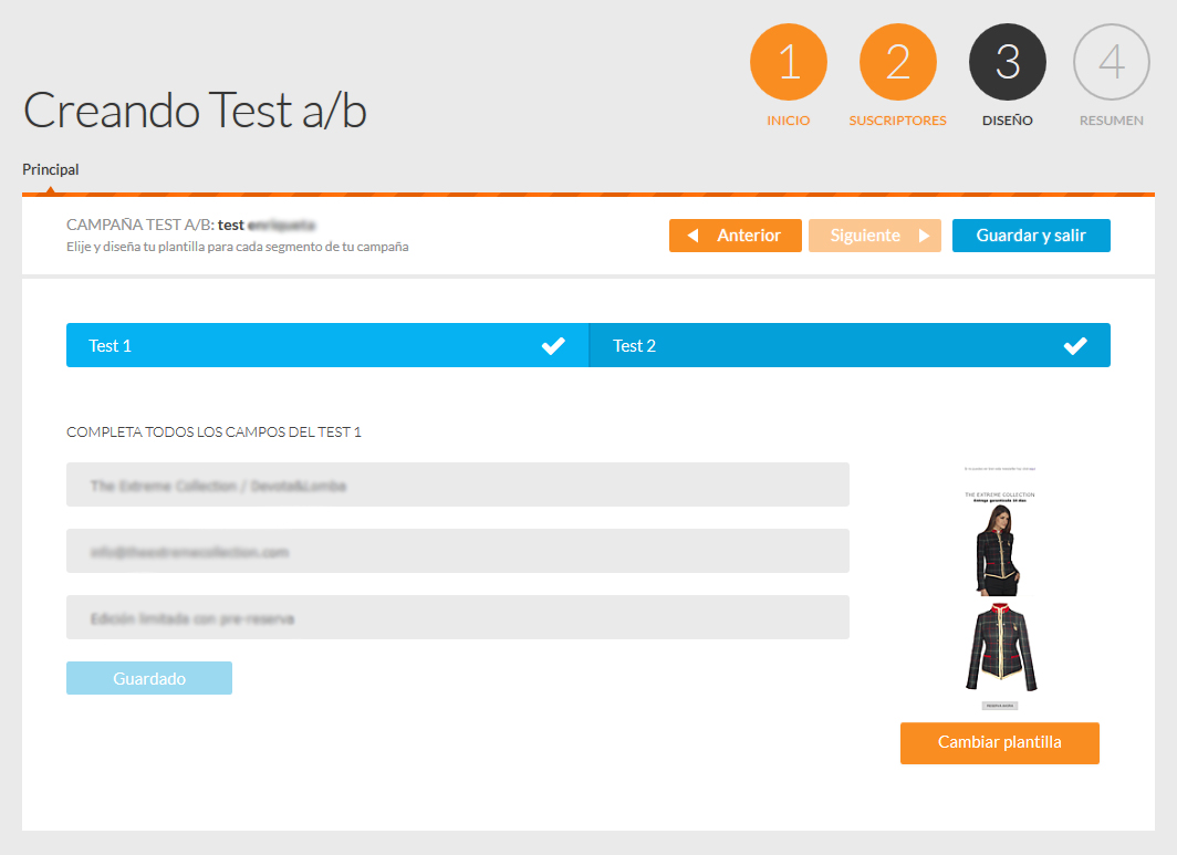 Test A/B mailing - Pantalla de configuración de cada test