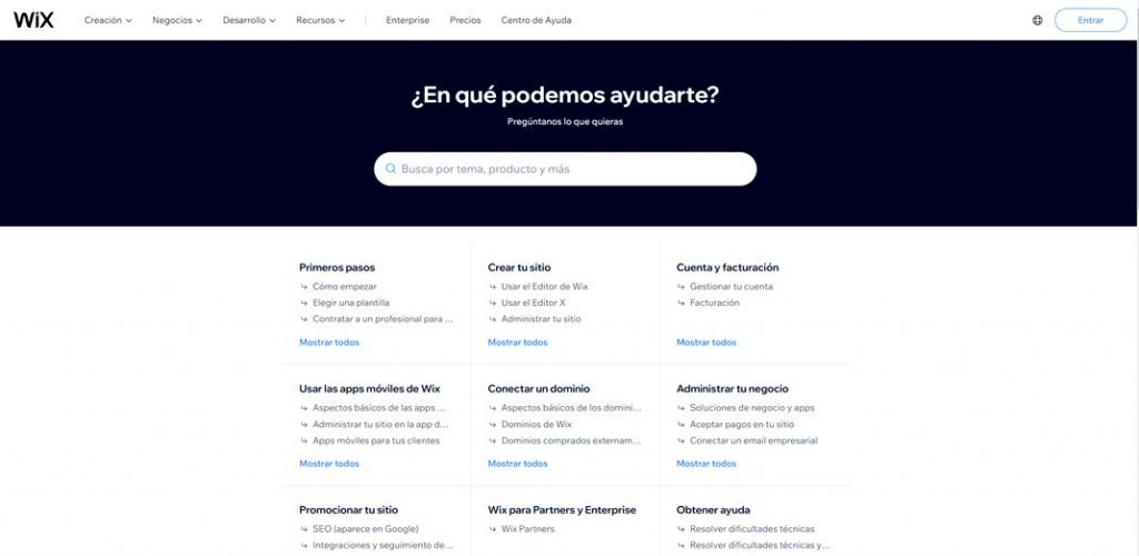 centro de ayuda para crear web en wix