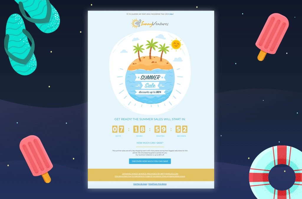 Plantilla de email marketing rebajas de verano con cuenta atrás