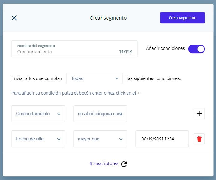 Ejemplode segmento de suscriptores inactivos