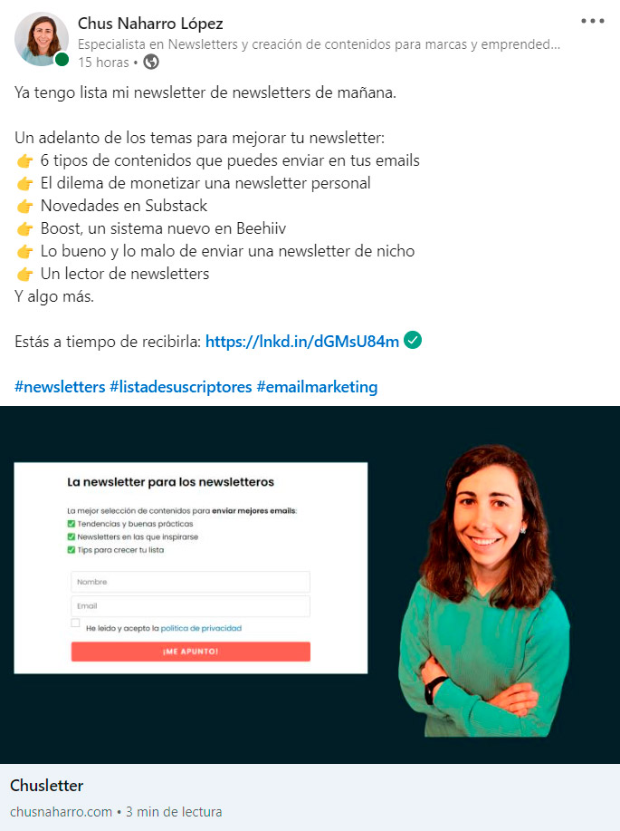 distribuir newsletters en linkedin ejemplo